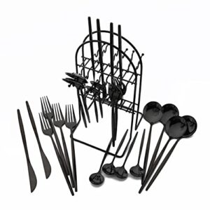 uniturcky 24 piece hanging flatware set, stainless steel family kitchen utensil set with rack, cutlery set for 6 with holder, silverware sets with holder, hanging flatware set, mirror polished(black)