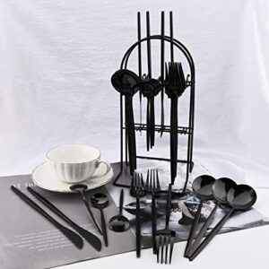 Uniturcky 24 Piece Hanging Flatware Set, Stainless Steel Family Kitchen Utensil Set with Rack, Cutlery set for 6 with Holder, Silverware Sets with Holder, Hanging flatware set, Mirror Polished(Black)