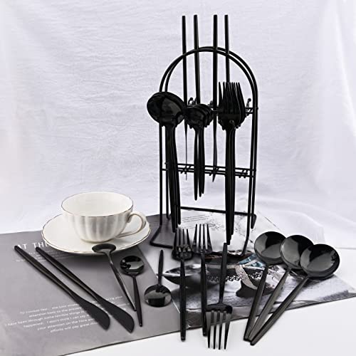 Uniturcky 24 Piece Hanging Flatware Set, Stainless Steel Family Kitchen Utensil Set with Rack, Cutlery set for 6 with Holder, Silverware Sets with Holder, Hanging flatware set, Mirror Polished(Black)