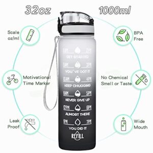Enerbone 32 oz Water Bottle, Leakproof BPA & Toxic Free, Motivational Water Bottle with Times to Drink and Straw, Fitness Sports Water Bottle with Strap for Office, Gym, Outdoor Sports, Gray-Black