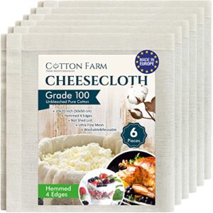 cotton farm cheese cloths, grade 100 – 20×20 inch hemmed, unbleached, 100% cotton, ultra fine reusable muslin cheesecloth for straining, cooking, baking,