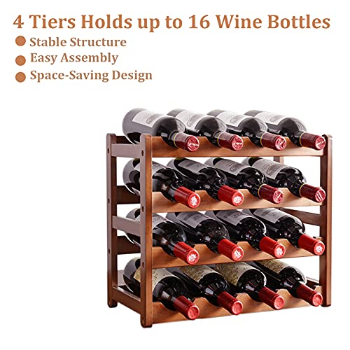 Wine Rack, 16 Bottle Wine Bottle Holder, 4 Tiers Wine Racks Countertop, Wine Rack Cabinet for Pantry, Kitchen, Cabinet, Cellar, Bar