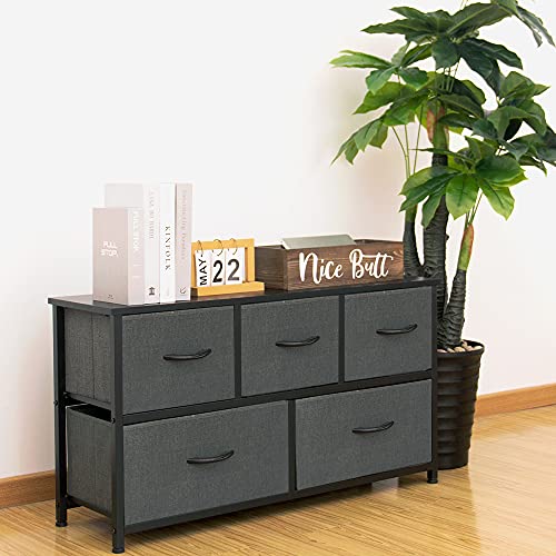 AZL1 Life Concept Extra Wide Dresser Storage Tower with Sturdy Steel Frame, 5 Drawers of Easy-Pull Fabric Bins, Organizer Unit for Bedroom, Hallway, Entryway, Dark Grey