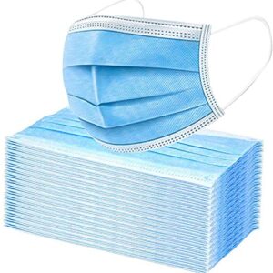 [Pack of 100] Blue Disposable Face Mask, Effective Filtration, Single Use Bulk Pack 3-Ply Masks Facial Cover with Elastic Earloops For Home, Office, School, and Outdoors
