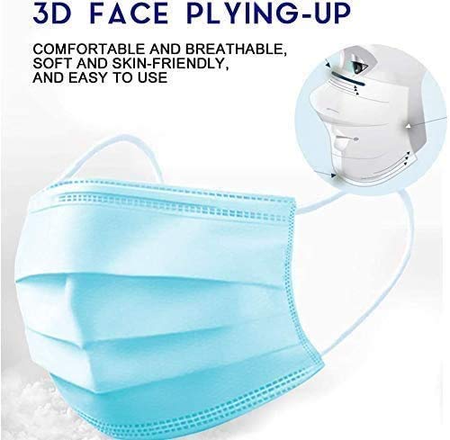 [Pack of 100] Blue Disposable Face Mask, Effective Filtration, Single Use Bulk Pack 3-Ply Masks Facial Cover with Elastic Earloops For Home, Office, School, and Outdoors