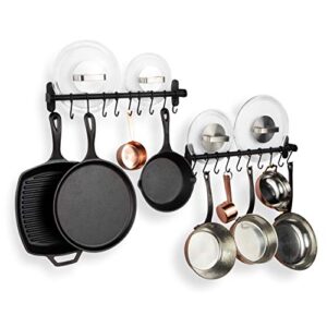 wallniture lyon hanging pot rack for kitchen organization and storage, black kitchen utensil holders with 20 s hooks for hanging pots and pans set, 17″ coffee mug holder wall mount set of 2