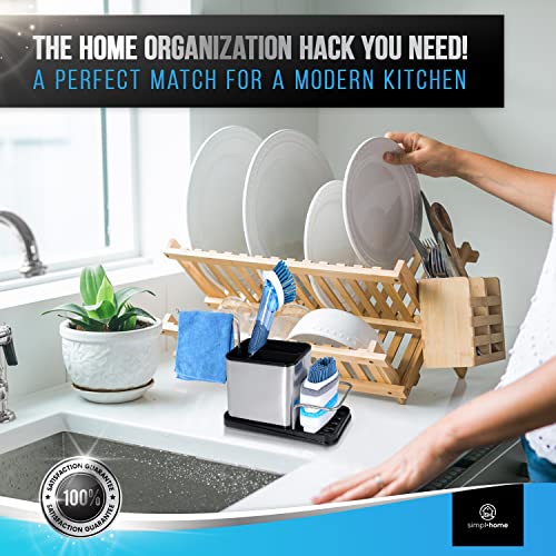 Simpl Home Kitchen Sink Organizer Set - Stainless Steel Sponge Holder Includes Soap Dispenser, Dish Scrubber with 4 Brush Heads Rust-Proof Storage Caddy Hooks Organization Accessories, Black