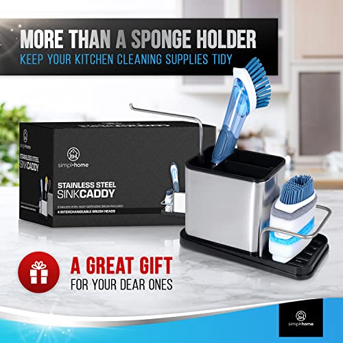 Simpl Home Kitchen Sink Organizer Set - Stainless Steel Sponge Holder Includes Soap Dispenser, Dish Scrubber with 4 Brush Heads Rust-Proof Storage Caddy Hooks Organization Accessories, Black