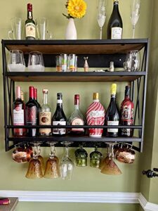 sss furniture industrial wine rack wall mounted with 8 stem wine glass holder, 31.5in hanging wall wine rack floating bar shelves, 3-tier wood shelves wine shelf home décor display rack