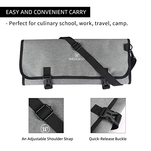 Wessleco Chef Knife Bag(8+ Slots) Roll Up Knife Bag Pouch for Kitchen Utility Tool and Travel Storage (Grey, Pouch Only)