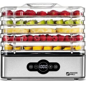 magic mill food dehydrator machine | 5 stackable stainless steel trays jerky dryer with digital adjustable timer and temperature control – electric food preserver machine with powerful drying capacity for fruits, veggies, meats & dog treats (5 stainless s