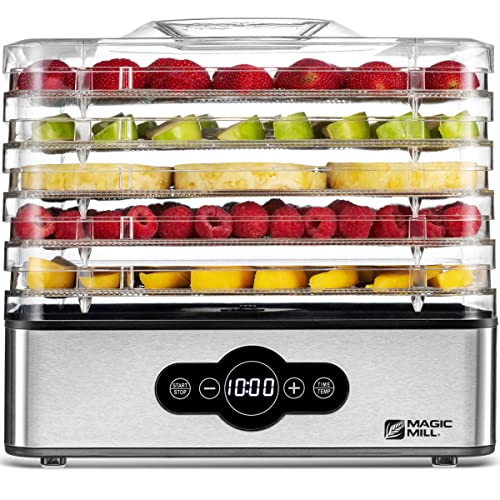 Magic Mill Food Dehydrator Machine | 5 Stackable Stainless Steel Trays Jerky Dryer with Digital Adjustable Timer and Temperature Control - Electric Food Preserver Machine with Powerful Drying Capacity for Fruits, Veggies, Meats & Dog Treats (5 Stainless S
