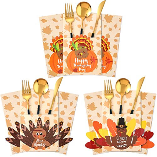 24 Pieces Thanksgiving Tableware Set Thanksgiving Place Setting Turkey Cutlery Holders Thank Giving Decoration Thanksgiving Cutlery Holder for Thanksgiving Turkey Utensil Decor, Autumn Harvest Party