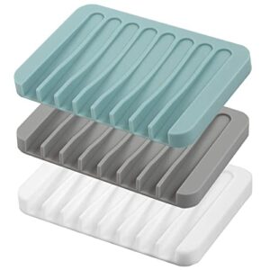 self draining soap dishes, 3 pcs silicone soap saver, waterfall drainer soap holder for bathroom, extend soap life, keep soap bars dry clean & easy cleaning ( white, gray, teal )