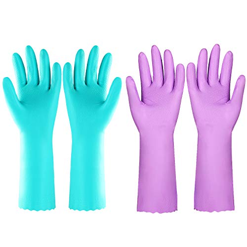 Elgood Reusable Dishwashing Cleaning Gloves with Latex free, Cotton lining ,Kitchen Gloves 2 Pairs,Purple+blue, Medium