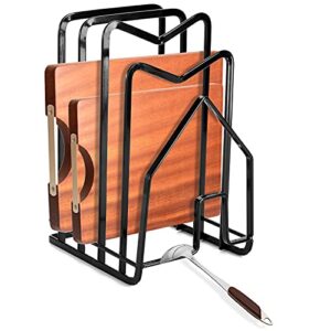 suwimut cutting board rack holder, flat steel chopping board organizer stand pot pan lids rack organizer for kitchen cabinet countertop, 4.92×5.71×8.46 inch (black)
