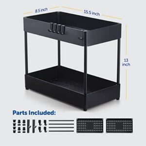 Space-Saving 2-Tier Under Sink Organizer and Storage with 6 Strong Hooks, Easy-Assemble, Under Cabinet Organizer, Durable, Big Capacity, Modern Storage Baskets for Bathroom, Kitchen, Etc. (Black)