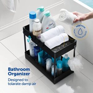 Space-Saving 2-Tier Under Sink Organizer and Storage with 6 Strong Hooks, Easy-Assemble, Under Cabinet Organizer, Durable, Big Capacity, Modern Storage Baskets for Bathroom, Kitchen, Etc. (Black)