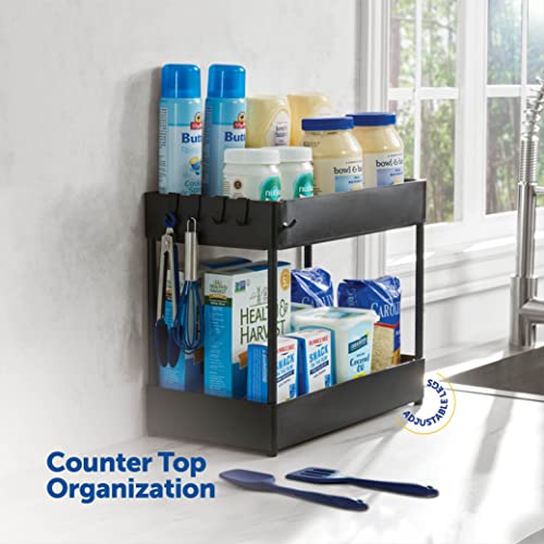 Space-Saving 2-Tier Under Sink Organizer and Storage with 6 Strong Hooks, Easy-Assemble, Under Cabinet Organizer, Durable, Big Capacity, Modern Storage Baskets for Bathroom, Kitchen, Etc. (Black)