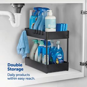 Space-Saving 2-Tier Under Sink Organizer and Storage with 6 Strong Hooks, Easy-Assemble, Under Cabinet Organizer, Durable, Big Capacity, Modern Storage Baskets for Bathroom, Kitchen, Etc. (Black)