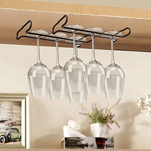 Warmery 2 Pack Wine Glasses Hanging Rack, Black Stemware Rack Holder Under Cabinet, Metal Wall Mount Wire Hanging Rack Storage Hanger Organizer with Screws for Kitchen Bar (10.3in), Black