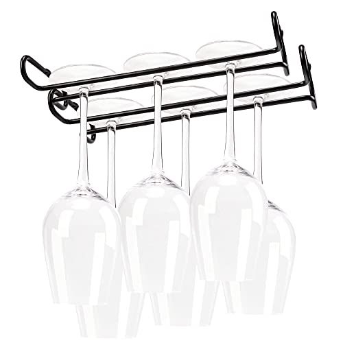 Warmery 2 Pack Wine Glasses Hanging Rack, Black Stemware Rack Holder Under Cabinet, Metal Wall Mount Wire Hanging Rack Storage Hanger Organizer with Screws for Kitchen Bar (10.3in), Black