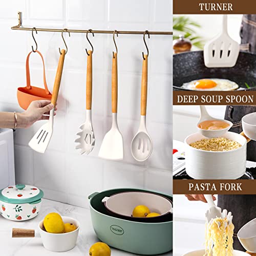 Umite Chef Kitchen Cooking Utensils Set, 33 pcs Non-Stick Silicone Cooking Kitchen Utensils Spatula Set with Holder, Wooden Handle Silicone Kitchen Gadgets Utensil Set (Khaki)