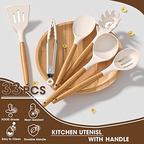 Umite Chef Kitchen Cooking Utensils Set, 33 pcs Non-Stick Silicone Cooking Kitchen Utensils Spatula Set with Holder, Wooden Handle Silicone Kitchen Gadgets Utensil Set (Khaki)