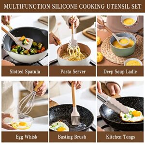 Umite Chef Kitchen Cooking Utensils Set, 33 pcs Non-Stick Silicone Cooking Kitchen Utensils Spatula Set with Holder, Wooden Handle Silicone Kitchen Gadgets Utensil Set (Khaki)