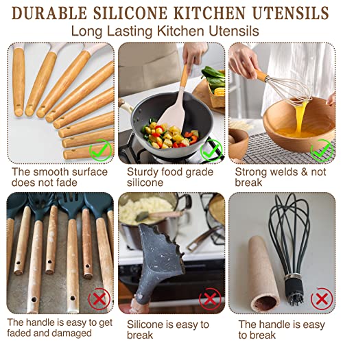 Umite Chef Kitchen Cooking Utensils Set, 33 pcs Non-Stick Silicone Cooking Kitchen Utensils Spatula Set with Holder, Wooden Handle Silicone Kitchen Gadgets Utensil Set (Khaki)