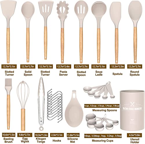 Umite Chef Kitchen Cooking Utensils Set, 33 pcs Non-Stick Silicone Cooking Kitchen Utensils Spatula Set with Holder, Wooden Handle Silicone Kitchen Gadgets Utensil Set (Khaki)