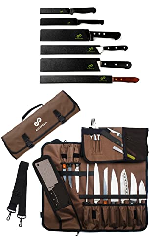 EVERPRIDE Chef Knife Roll PLUS Knife Guard Set (6-Piece Set) Bundle – Knife Bag Holds 10 Knives, Meat Cleaver and Kitchen Tools – Felt-Lined and BPA Free Knife Sheath Set – Knives Not Included