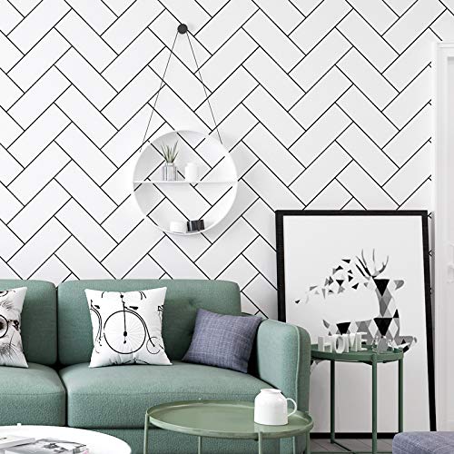 HOYOYO White Brick Self-Adhesive Shelf Liner Paper, Black Striped Peel and Stick Covering Paper Drawer Cabinets Door Tbale Surface Kitchen Wall Art Decoration 17.8 x 118 inch