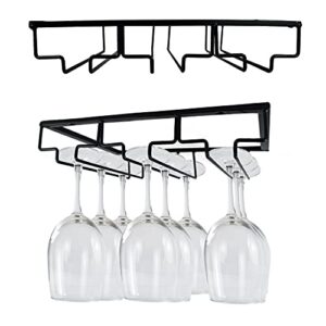 amufyshh 3 rows wine glass rack for under cabinet, 2 packs stemware racks, hanging wine glasses metal rack, storage hanger organizer for kitchen cabinet bar (double)