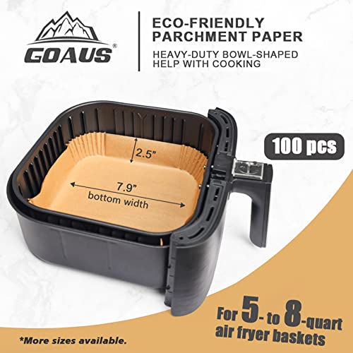 GOAUS Air Fryer 100 Pcs Square Paper Liners Disposable Large for 5 to 8 Qt Basket, 7.9 inch Unbleached Non-stick Oil-proof Parchment Paper