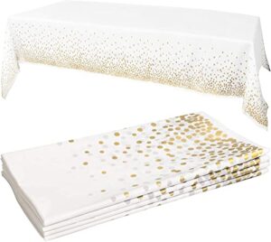 white plastic tablecloth – 4 pack – 54 x 108 | gold dot disposable tablecloths | plastic tablecloth | white tablecloths | plastic table cover | gold tablecloths | gold party decorations