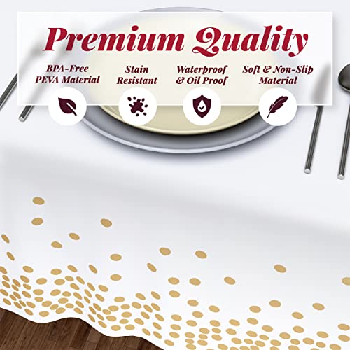 White Plastic Tablecloth - 4 Pack - 54 X 108 | Gold Dot Disposable Tablecloths | Plastic Tablecloth | White Tablecloths | Plastic Table Cover | Gold Tablecloths | Gold Party Decorations