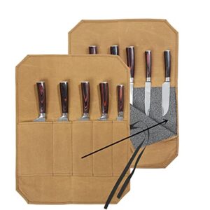 Knife Cases Organizer-Durable Waxed Canvas With Cut Resistant Lining -knife Roll 5 Pockets (Khaki-One)