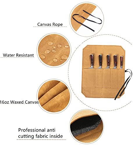 Knife Cases Organizer-Durable Waxed Canvas With Cut Resistant Lining -knife Roll 5 Pockets (Khaki-One)