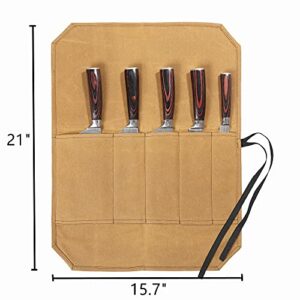Knife Cases Organizer-Durable Waxed Canvas With Cut Resistant Lining -knife Roll 5 Pockets (Khaki-One)