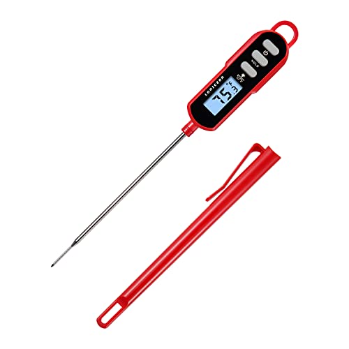 Lonicera Instant Read Digital Meat Thermometer for Cooking Food, Bread Baking, Water and Liquid Temperature, Waterproof and Long Probe for Candy, with Backlit LCD and Magnet (Red)