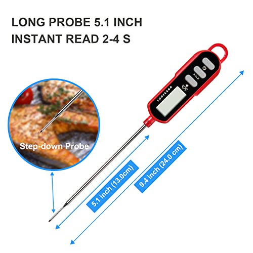 Lonicera Instant Read Digital Meat Thermometer for Cooking Food, Bread Baking, Water and Liquid Temperature, Waterproof and Long Probe for Candy, with Backlit LCD and Magnet (Red)