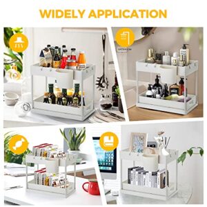 Under Sink Organizers and Storage, 2 Tier Pull Out Cabinet Organizer, Kitchen Cabinet Organizer Bathroom Sink Organizer with Hooks, Cabinet Organizers and Storage for Bathroom, White, 2 Pack