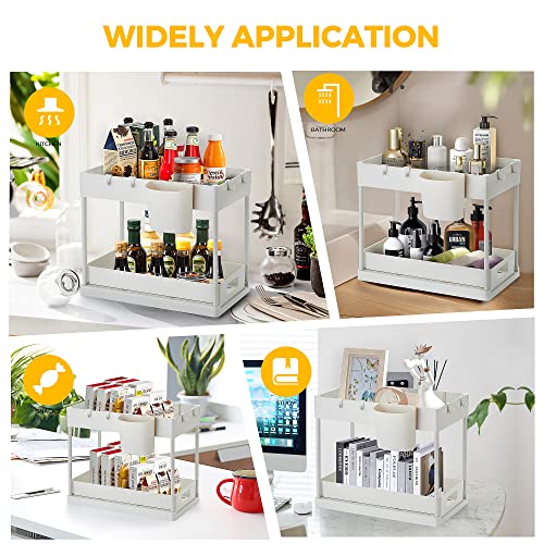 Under Sink Organizers and Storage, 2 Tier Pull Out Cabinet Organizer, Kitchen Cabinet Organizer Bathroom Sink Organizer with Hooks, Cabinet Organizers and Storage for Bathroom, White, 2 Pack