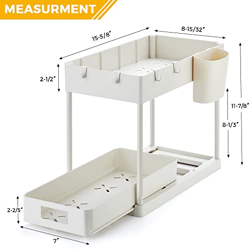 Under Sink Organizers and Storage, 2 Tier Pull Out Cabinet Organizer, Kitchen Cabinet Organizer Bathroom Sink Organizer with Hooks, Cabinet Organizers and Storage for Bathroom, White, 2 Pack