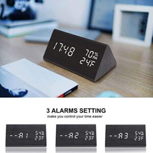 Digital Alarm Clock, with Wooden Electronic LED Time Display, 3 Alarm Settings, Humidity & Temperature Detect, Wood Made Electric Clocks for Bedroom, Bedside… (Black)