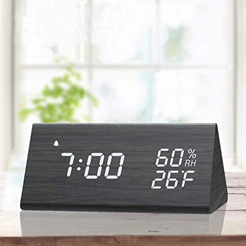 Digital Alarm Clock, with Wooden Electronic LED Time Display, 3 Alarm Settings, Humidity & Temperature Detect, Wood Made Electric Clocks for Bedroom, Bedside… (Black)