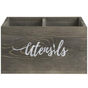 MyGift 2-Slot Rustic Gray Wood Kitchen Utensil Holder for Countertop, Cooking Tools Organizer Caddy with Cursive Utensils Word Design