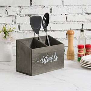 MyGift 2-Slot Rustic Gray Wood Kitchen Utensil Holder for Countertop, Cooking Tools Organizer Caddy with Cursive Utensils Word Design