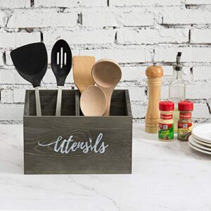 MyGift 2-Slot Rustic Gray Wood Kitchen Utensil Holder for Countertop, Cooking Tools Organizer Caddy with Cursive Utensils Word Design